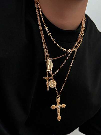 4pcs/Set Hip-Hop Style Metal Virgin Mary Cross Pendant Long Necklace, Luxury Rhinestone Embellished Round Disc Necklace Accessory For Men