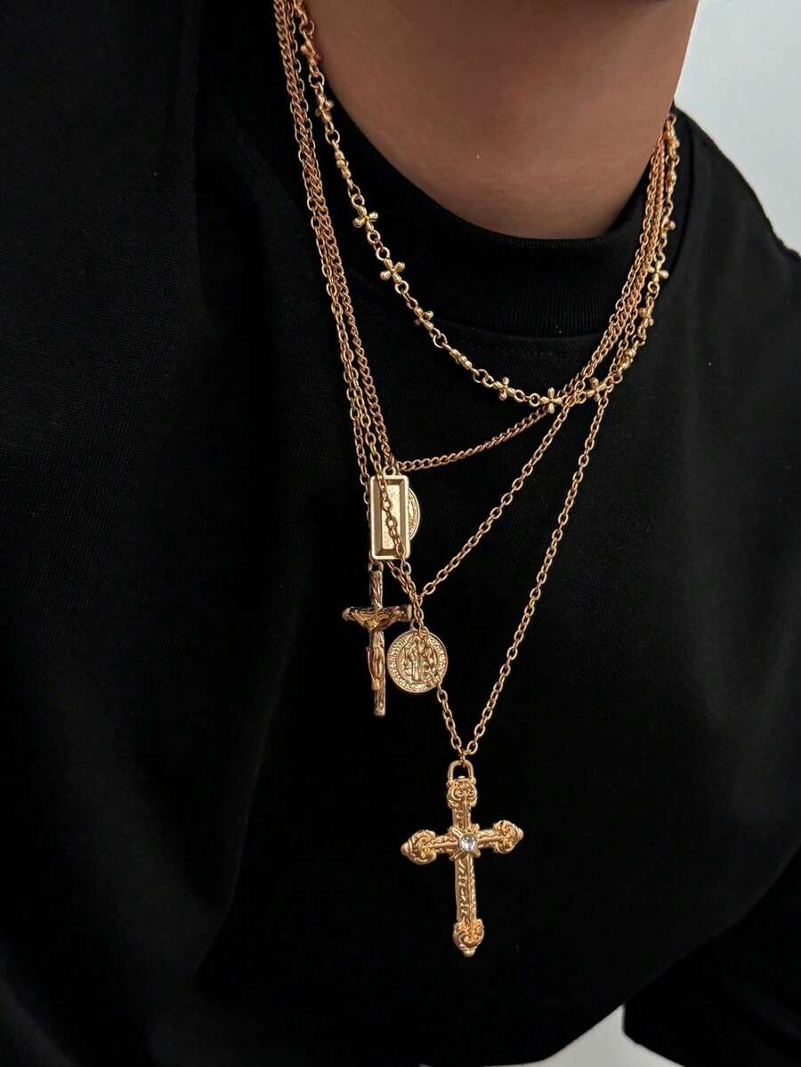4件套嘻哈风格金属圣母玛利亚十字架吊坠长项链，奢华水钻镶嵌圆形吊坠项链配饰，男士 - 金色 - 查看 1