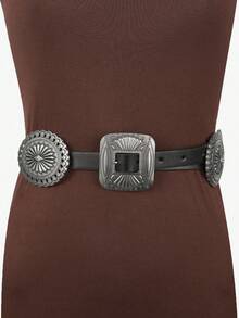 Valentine's Day,1pc Women's Coffee Color PU Round Buckle Belt, Fashionable Classic Leather Belt Suitable For Everyday Use Fall, Autumn, Halloween,Belts For Women,Western Belt, Youth,Casual, Outdoor, Athletic, Vacation, Metal Chain Decorative Belt For Women, Simple Yet Versatile Dress, Fashionable Body Chain, Circular Hollow Waist Chain - 彩色 - 查看 8