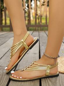 女士优雅波西米亚风串珠金属带装饰平底人字拖，透气罗马风沙滩度假人字拖，不累脚，适合母亲节、复活节等场合。 - 金色 - 查看 7