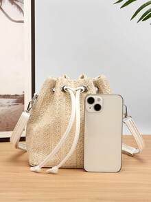 1 chiếc túi đeo chéo bằng rơm kiểu dáng mới mùa xuân/hè, túi đeo vai mini thời trang có dây rút, thích hợp cho đi biển, đi làm, mua sắm. - Màu be - Xem 3