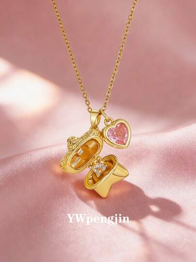 1pc Vintage Popular Openable 3D Five-Pointed Star & 12colors Birthstone Pendant Necklace For Kids Girls Friends Birthday Gift For Daily Wear Jewelry Accessory