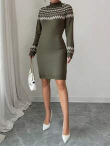 Casual Women's Knit Sweater Dress High Neck Long Sleeve Rib-Knit Short Pencil Dress Medium Stretch - Olive Green - View 4