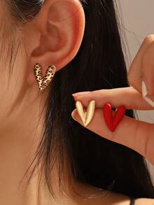3 Pairs/Set Leopard Print Heart, Red Heart, Gold Heart Stud Earrings, Versatile Fashion Accessories - Multicolor - View 1