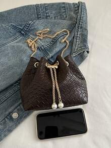 Mini Woven Drawstring Bucket Bag, Versatile Shoulder/Crossbody Bag For Party & Casual, Minimalist Design - Coffee - View 7