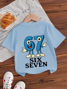 男童休闲印花圆领短袖T恤，夏季上衣 - 淺藍色 - 查看 6