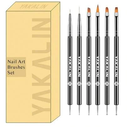 6 Double-Headed Nail Art Painting Pens With Dot Drill Line Drawing & Flat Peak Phototherapy Brushes - Nail Art Tools For Manicure, Gel Polish, Pedicure