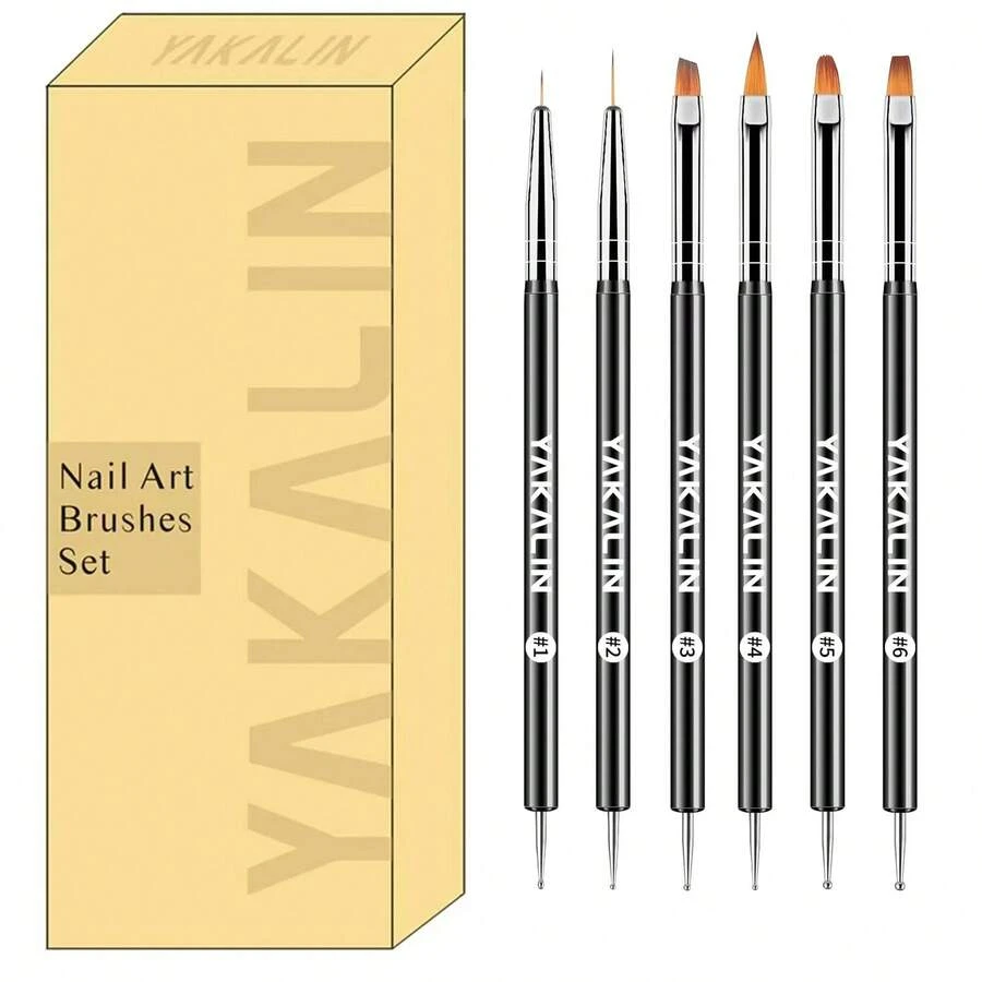 6支双头美甲彩绘笔，一支带点钻线头，另一支带平头光疗刷头 - 美甲工具，适用于美甲、凝胶指甲油、足疗 - 黑色 - 查看 1