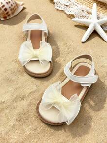 1 Pair Girls' Shoes With Mesh Bow Design, Breathable Lining, Ankle Strap, Open Toe, Flat Sole. Elegant And Cute, Suitable For Casual Daily Wear - Beige - View 5