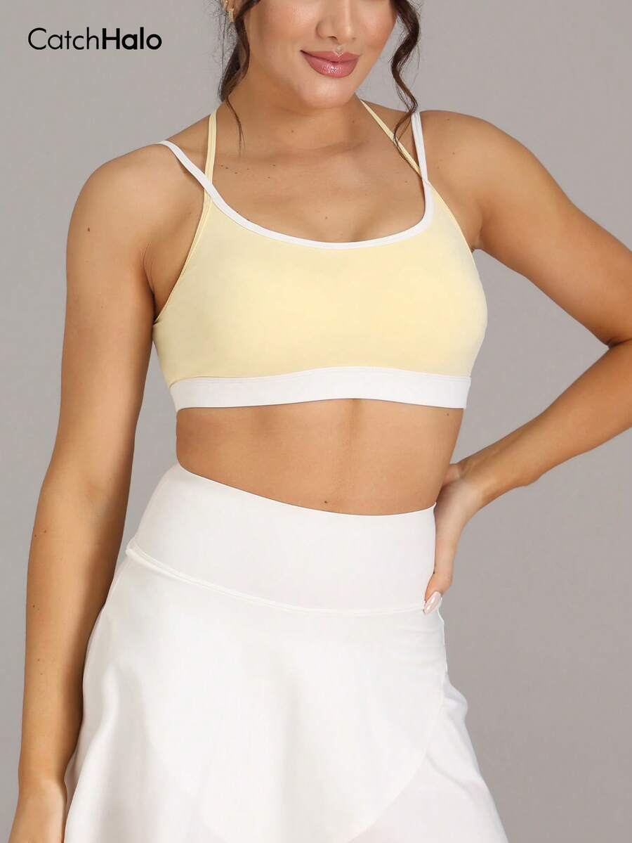 Women's Padded Sports Bra With Removable Cups, Cross Back Yoga Bra For High Support Workout & Fitness - Light Yellow - View 1