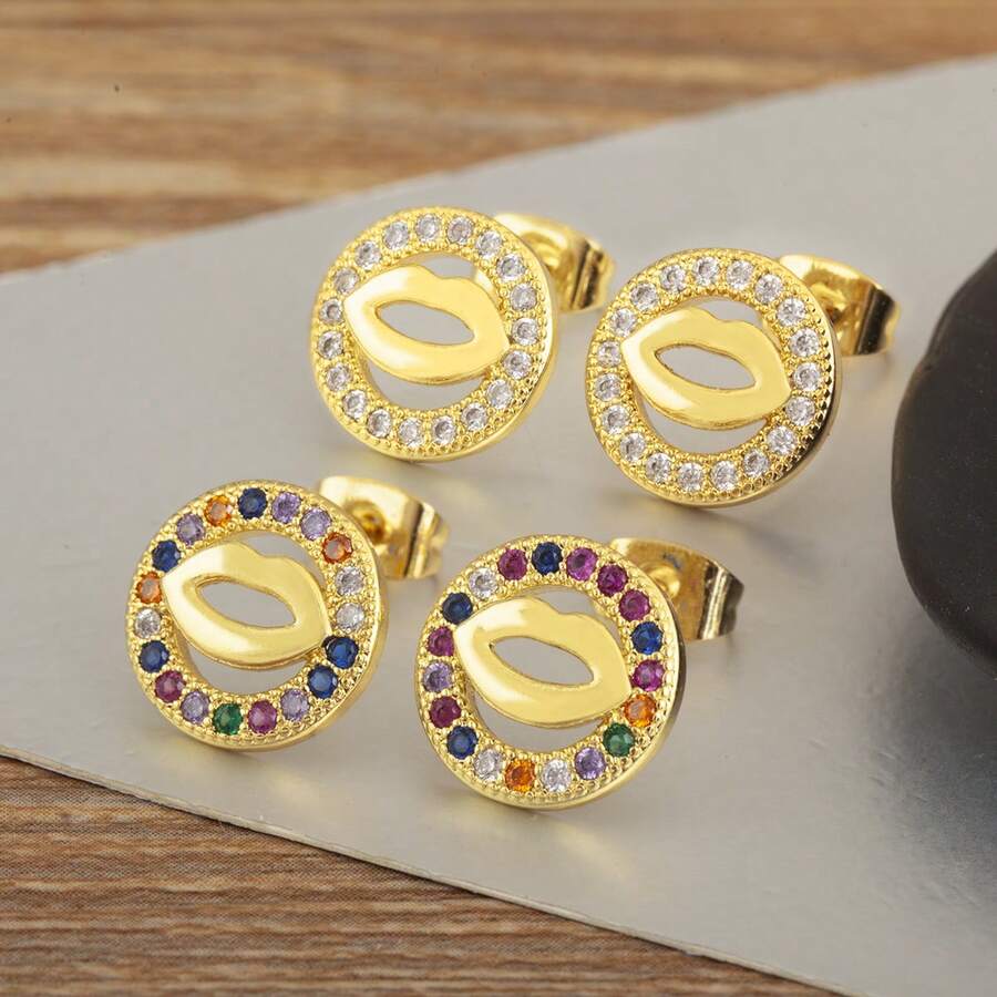 New Round Lip Shape Copper Inlaid Zirconia Stud Earrings For Women Gold Plated Compact Sexy Ear Jewelry Birthday Party Gifts - Colorful - View 1