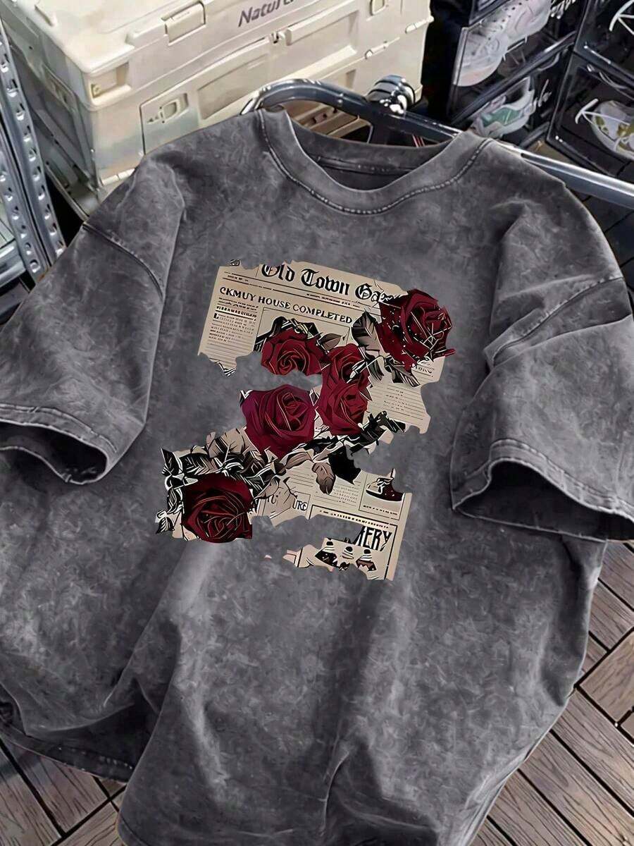 1 PcsWomen's Retro Rose And Newspaper Cartoon Letter Pattern Prints On The Street, Korean-Style Comfortable Retro Fashion Commuting Versatile Y2k Women's Clothing, Regular Niche Punk Style Black Fitted Round-Neck Short-Sleeved Washed T-Shirt, Washed Retro Series Comfortable Pure Cotton T-Shirt, Easily Create Retro Casual Wear, Suitable For Daily Commuting, Leisure Outings, Daily Outfits, Classic Retro Style Women's Clothing - 灰色 - 查看 1