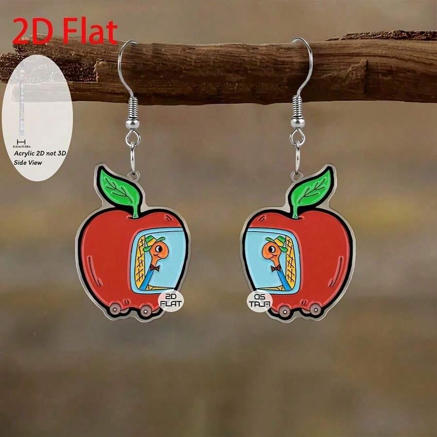 可爱昆虫吊坠耳环，2D扁平苹果造型，时尚饰品，派对礼物，节日礼物，送给家人和朋友的理想之选 - 一對 - 查看 1