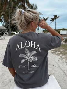 Women's Spring/Summer New Palm Tree Slogan Print Casual Round Neck Short Sleeve T-Shirt, Fashionable Resort Style, Your Daily Essential Item. Graphic Tee, Women's White Top, Black Top, Pink Top, Vacation Outfit - Dark Grey - View 7