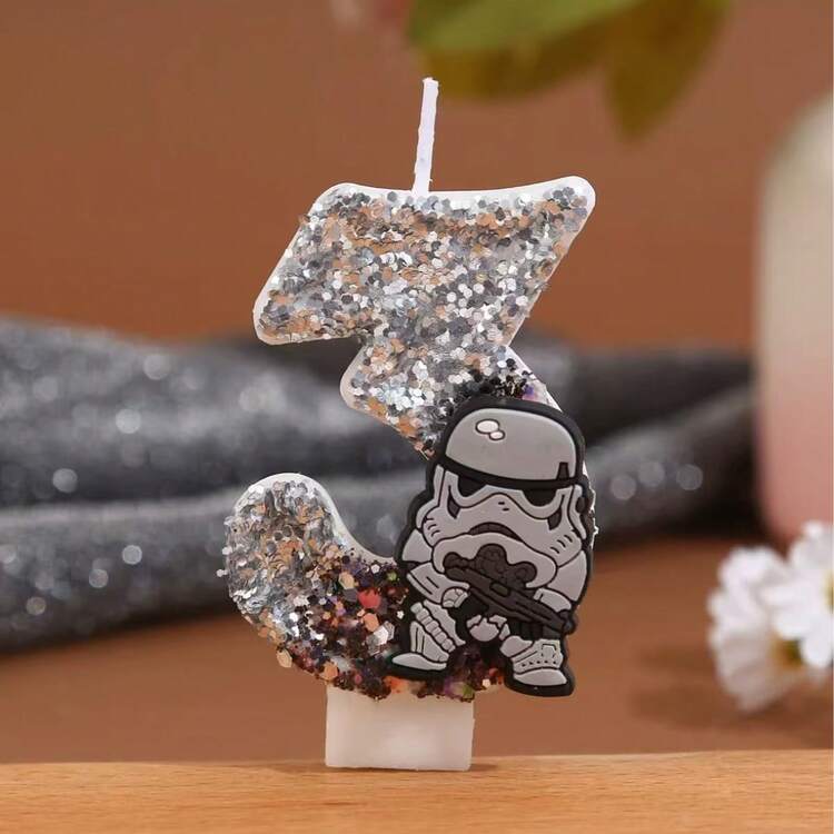 行星主题生日蜡烛，精致0-9数字蜡烛，闪亮卡通生日蜡烛，灰色士兵，周年纪念派对蜡烛，派对装饰小礼物 - 1PC - 查看 6