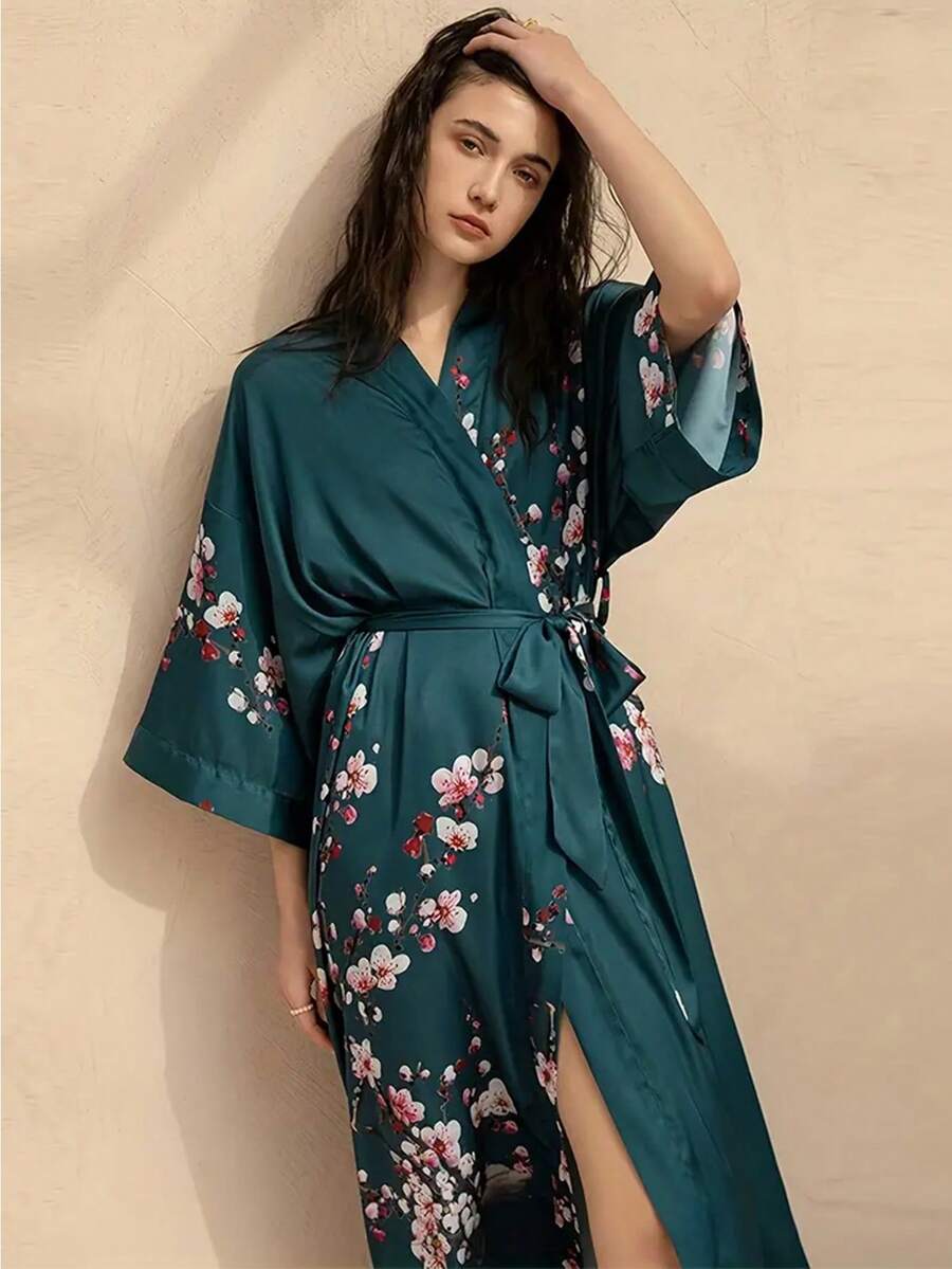 复古欧美风印花长款罩衫和服浴袍,轻盈性感夏季系带沙滩罩衫,度假泳装披肩,大码 - 綠色 - 查看 1