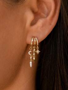 1 Pair Women's Gold Triple Hoop Earrings With Cubic Zirconia Star & Moon Spike Pendant, Multi-Layer Earrings, Low Allergy Bohemian Style Jewelry Gift - Multicolor - View 2