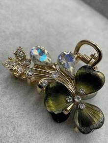 Valentine's Day Gift Y2K Sweet Girl Style Iridescent Clover Teardrop Rhinestone Hair Claw Iridescent Petal + Teardrop Rhinestone Exquisite Hair Clip Multi-Color Options Suitable For Valentine's Date/Daily Commute/Girls' Gathering Exquisite Aesthetic Hair Accessory - Multicolor - View 3