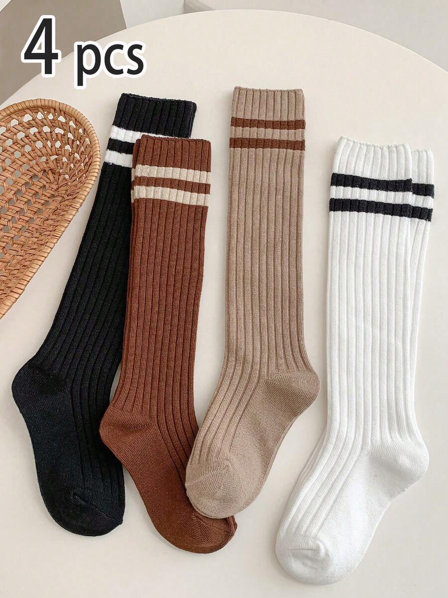 4 pares de calcetines de rayas hasta la rodilla, calcetines de estilo escolar minimalista y versátil para niños