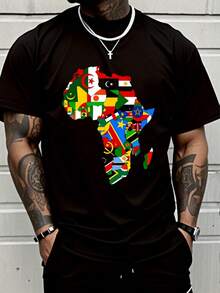 100% Cotton African Pride - Map Of African Continent With Flags T-Shirt Casual Short Sleeve Shirt Women's Men Graphic Tee - 黑色 - 查看 1