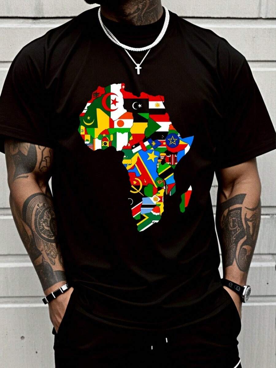 100% Cotton African Pride - Map Of African Continent With Flags T-Shirt Casual Short Sleeve Shirt Women's Men Graphic Tee - 黑色 - 查看 1