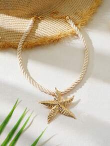 1件套编织绳3D条纹海星和螺旋贝壳项链套装，女士夏季海滩假日派对首饰 - 金黃色 - 查看 4