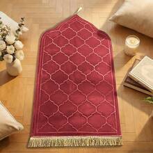 1pc Flannel Embossed Thick & Soft Prayer Rug, Anti-Slip & Easy To Clean Large Carpet Mat With Tassels - Red - View 1