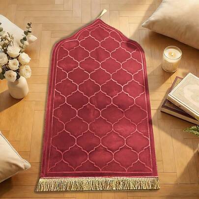 1pc Flannel Embossed Thick & Soft Prayer Rug, Anti-Slip & Easy To Clean Large Carpet Mat With Tassels