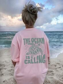 Women's Summer New Turtle Pattern And Letter Print Round-Neck Short-Sleeve T-Shirt, Casual Loose Versatile Top, Stylish Daily Wear - Baby Pink - View 1