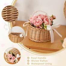 1pc Handwoven Rattan Flower Girl Basket, With Pearl Handle And Bow Decor, Suitable For Baby Shower Flower Girl Use - Apricot - View 5