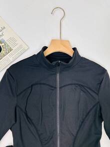 Plain Minimalist Stand Collar Zip-Up Casual Slim Fit Women Sports Yoga Jacket - Black - View 5