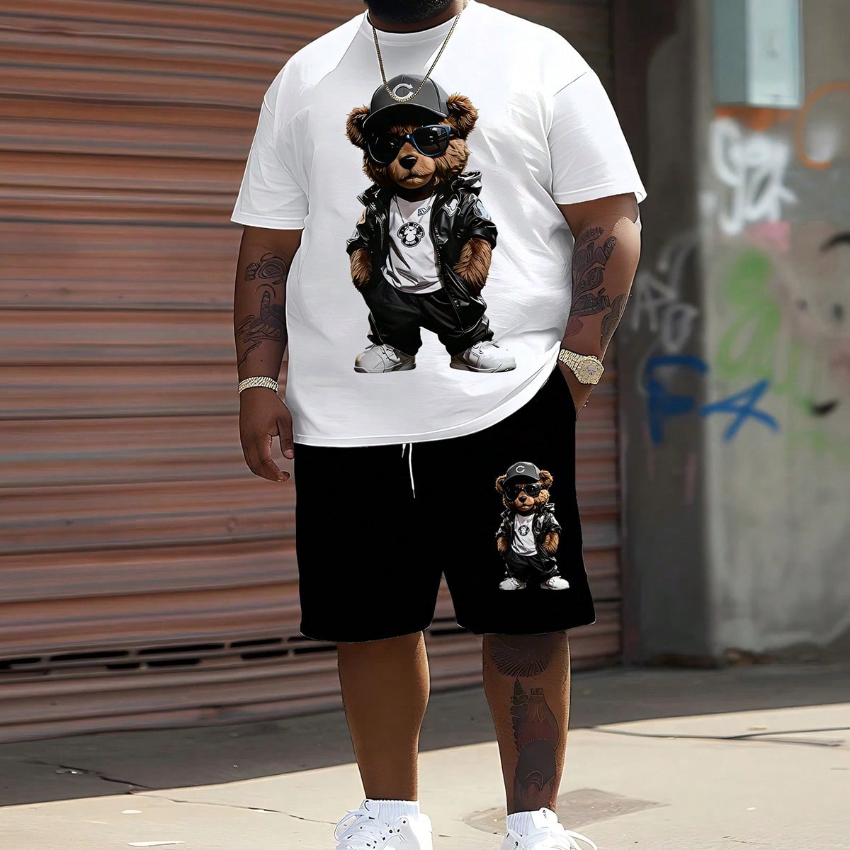 Serie casual de ropa urbana para hombres "Oso de cuero" - Diseño de estampado, Tela de punto de poliéster, Diseño de cuello redondo, Pantalones cor