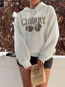 ‌Sudadera con capucha para mujer nueva de otoño invierno abrigada holgada y versátil con estampado de cerezas ideal para vacaciones paseos y viajes - Blanco - Ver 1