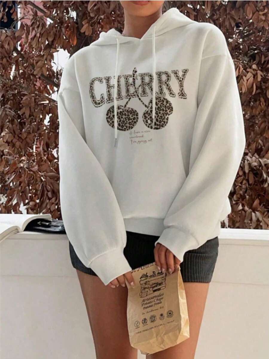 ‌Sudadera con capucha para mujer nueva de otoño invierno abrigada holgada y versátil con estampado de cerezas ideal para vacaciones paseos y viajes - Blanco - Ver 1