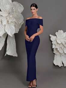 露肩绷带针织紧身连衣裙，奢华欧式风格，修身铅笔裙，适合家庭聚会、派对、宴会、婚礼等春季派对场合。 - 寶藍色 - 查看 6