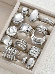 13件套女士复古时尚简约优雅个性镂空不对称扭曲设计粗戒套装，适合女性日常、度假、派对、婚礼佩戴，可叠戴、搭配，四季皆宜，是送给女性的绝佳礼物。 - 銀色 - 查看 4