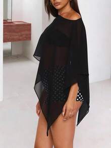 Women's Solid Color Asymmetric Sheer Blouse - Black - View 3