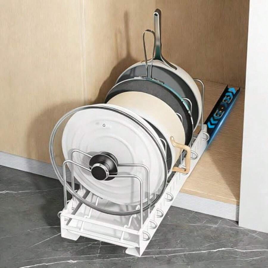 zxxNCONCO Organizador de Ollas y Sart Extrae Aorra Ecio Bao Gabinete con 9 Separadores Diseño Antideizante en V y Escurridor para la Cocina  ogarorganizador de cocina - Blanco - Ver 1