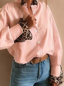 1pc Leopard Print & Solid Polyester Button Front Crossover Collar Blouse, Suitable For Everyday And Festivals, Spring, Summer, Autumn Pink - Pink - View 2