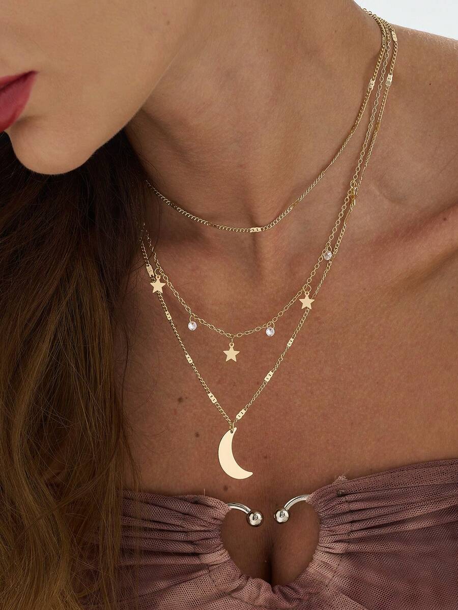 Nooxian 3件套女士星月锆石吊坠项链（吊坠数量随机）（压扁后的数量和间距随机） - 金黃色 - 查看 1