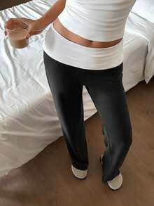 Quần ống đứng màu trắng xếp ly phối màu tương phản, kiểu dáng nữ tính Y2K, thích hợp cho mùa hè và mùa xuân. - màu đen - Xem 7