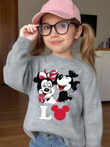 1pc Disney Valentine's Day Mickey Mouse & Minnie Mouse Sweet Laughing & Playful Graphic Tween Girls Cute Sweatshirt, Soft & Skin-Friendly, Perfect For Daily Wear & Valentine's Day Outings - 灰色 - 查看 2