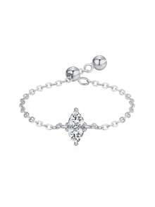 1pc 925 Sterling Silver Fashion Geometric Rhombus Shape CZ Link Chain Adjustable Rings For Women Wedding Engagement Jewelry - Silver - View 2