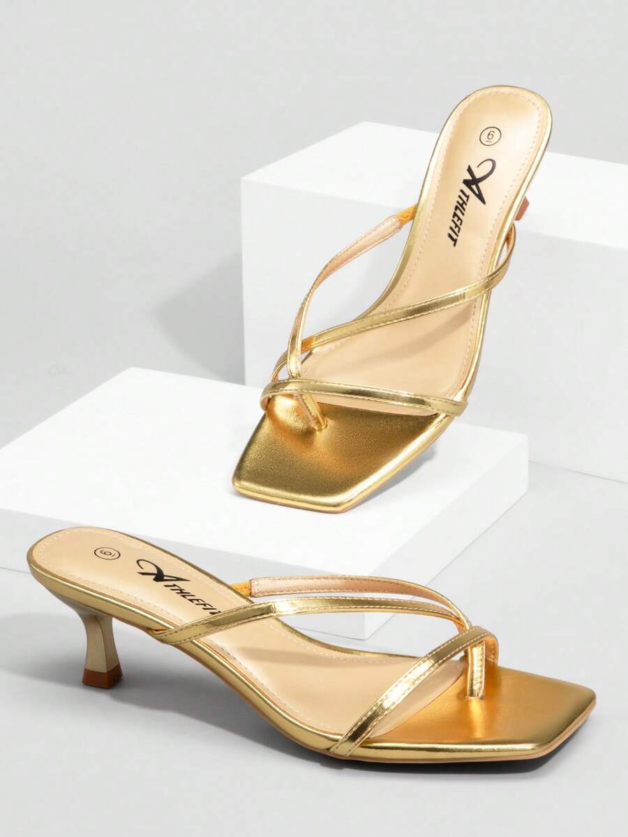 Athlefit Women's Strappy Kitten Heels Flip Flops Square Open Toe Low Heels Fashion Party Dress Thong Heeled Sandals - 金色 - 查看 1