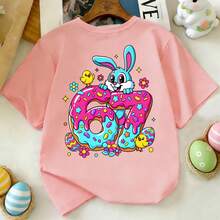 Young Girl Easter Limited Edition Short Sleeve T-Shirt, Cartoon Rabbit & Number 67 Double-Sided Print, Casual Round Neck Children Clothing - Black - View 12