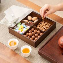 1 Set Bamboo Wood Material Snack Plate With Lid, Suitable For Nuts, Snacks, Cookies, Party And Daily Use - Walnut Color Grid With Cover - View 7