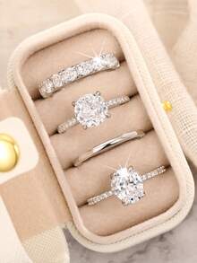 4 piezas de anillos de circonita cúbica preciosos con caja para mujeres para boda, compromiso, aniversario, fiesta, joyería, regalo del Día de San Valentín - Plateado - Ver 12