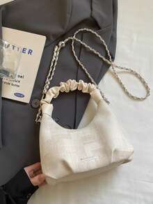 Women's Simple And Versatile High-Quality PU Pleated Handbag, Crescent-Shaped Mini Bag With Beaded Charm And Detachable Shoulder Strap, Perfect For Everyday Casual Wear. - White - View 9