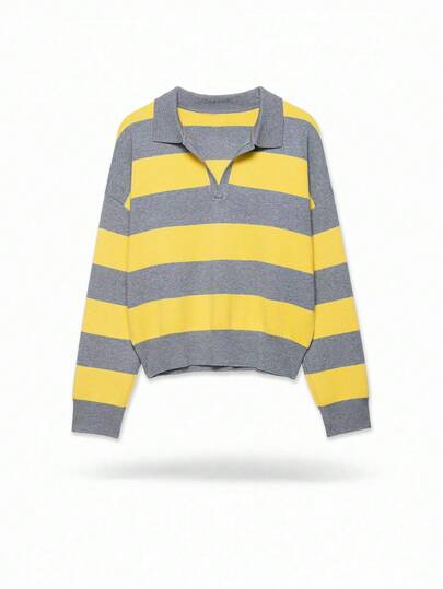 YROOE Women's Fashionable Casual Versatile Striped Long Sleeve Polo Collar Knit Sweater, Suitable For Street Style, Daily Wear, Relaxed Fit, Commuting, & Unique, European And American Style