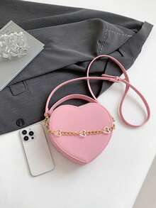 心形甜美手提包，饰有心形链条，哑光质感，女士单肩包，优雅情人节、新年搭配斜挎包 - 粉色 - 查看 5